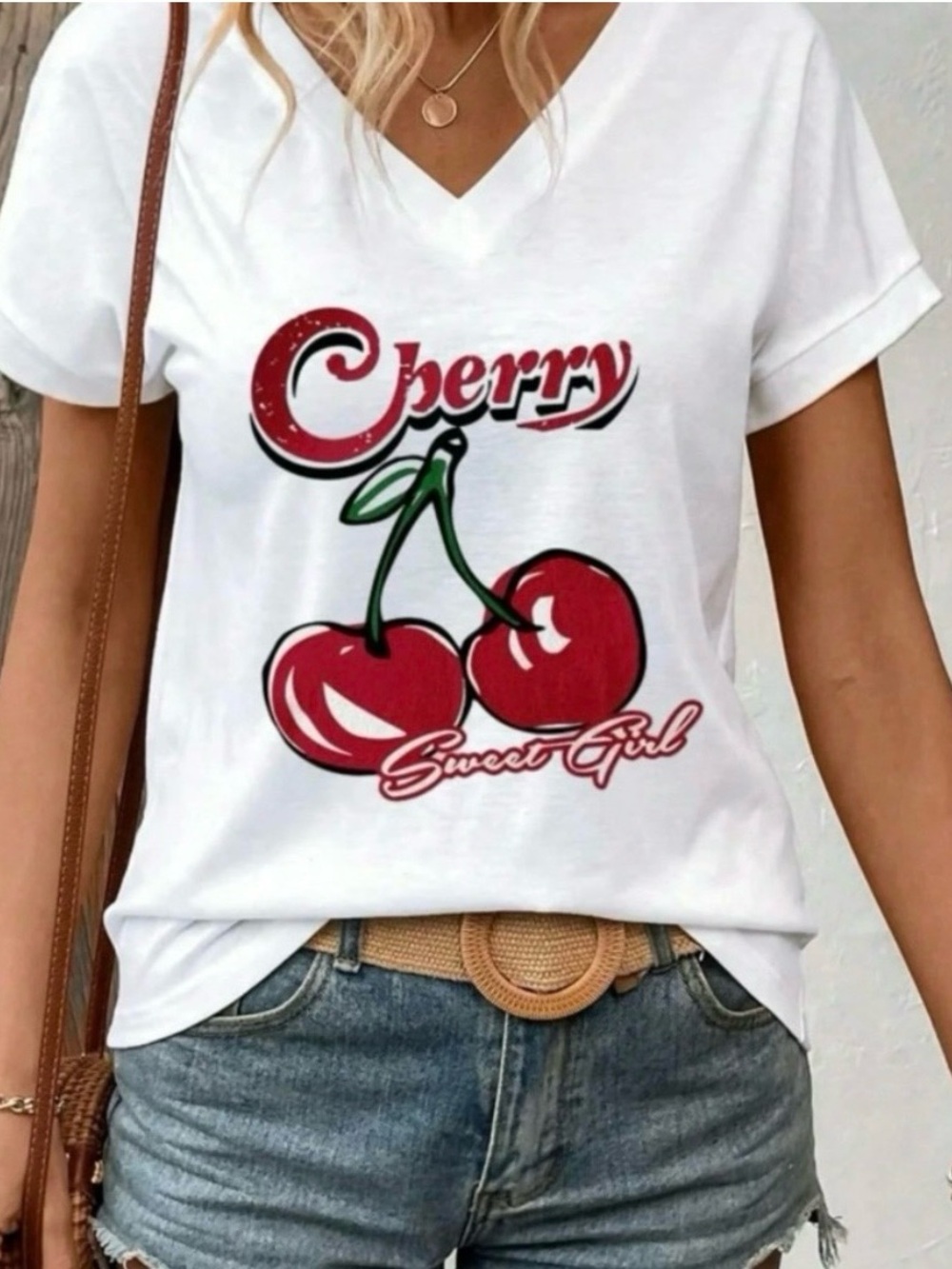 NEW Sweet Girl Cherry Graphic V-Neck Tee, Size Small